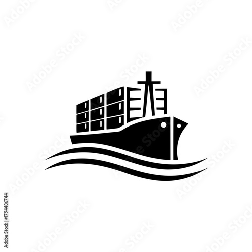 A black cargo ship sailing on the sea on transparent background silhouette