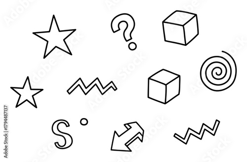 Minimalist Black Line Art Doodle Elements, Random & Shuffle Concept, Vector Sketch