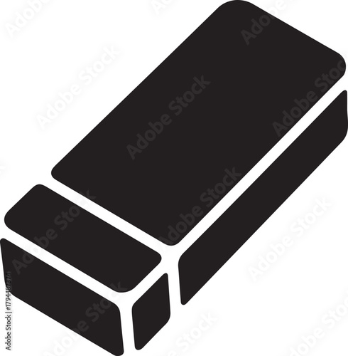 Black eraser vector icon depicting a stationery tool for correcting mistakes or removing pencil marks.