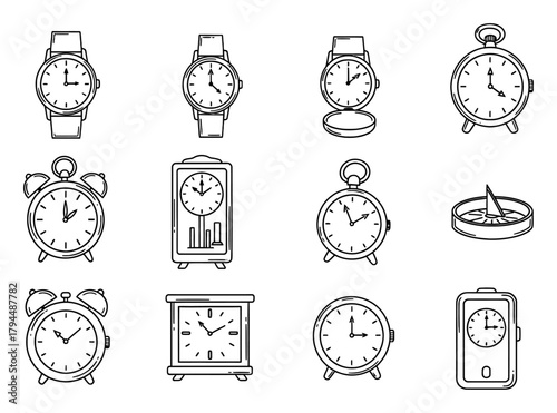 Minimalist Watch and Timepiece Doodle Icons - Hand-Drawn Vector Art