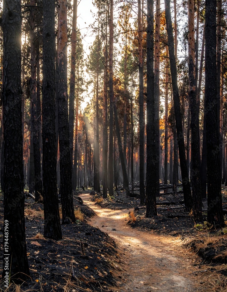 Fototapeta premium Sunlit path winding through a charred pine forest