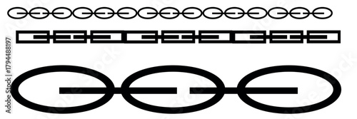 Monochrome set different type of metal chains in silhouette style. Seamless shape, for graphic design of logo, emblem, symbol, sign, badge, label, stamp, isolated on white background.