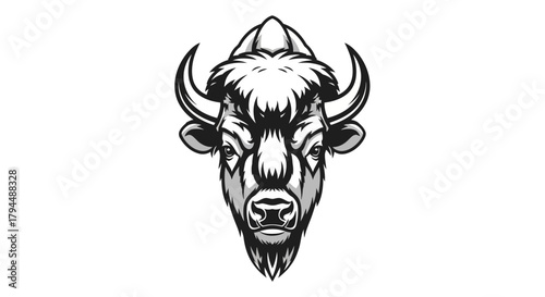 Monochrome illustration of a bison head with detailed fur and horns.