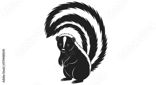 A black and white skunk with a large bushy tail raised high in the air.