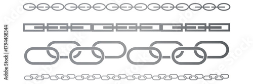 Monochrome set different type of metal chains in silhouette style. Seamless shape, for graphic design of logo, emblem, symbol, sign, badge, label, stamp, isolated on white background.