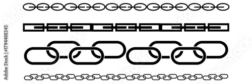 Monochrome set different type of metal chains in silhouette style. Seamless shape, for graphic design of logo, emblem, symbol, sign, badge, label, stamp, isolated on white background.