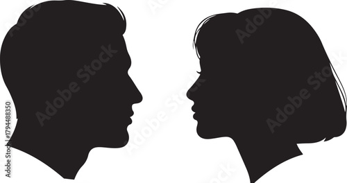 Silhouette of a Man and Woman Facing Each Other on White Background