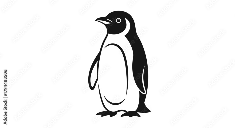 Obraz premium A simple black and white graphic illustration of a standing penguin, depicted in a clean, minimalist style.