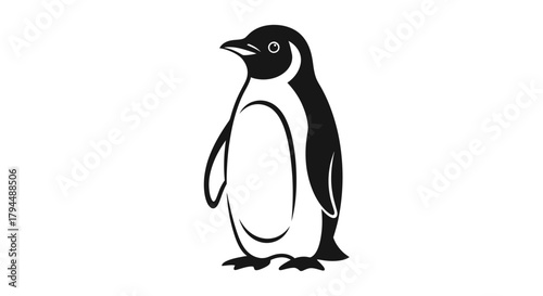 A simple black and white graphic illustration of a standing penguin, depicted in a clean, minimalist style.