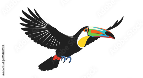 A vibrant toucan bird in flight, showcasing colorful beak and plumage against a white background.