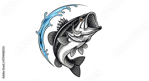 A dynamic illustration of a largemouth bass leaping out of the water with a splash.