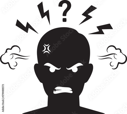 Silhouette of an angry person with question mark and lightning bolts