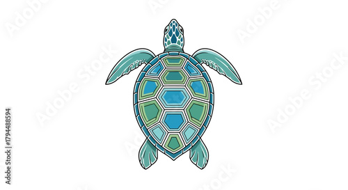 Stylized top-down illustration of a sea turtle with a blue and green geometric patterned shell on a white background.