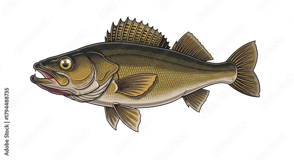 Naklejka premium Detailed illustration of a walleye fish with its distinctive dorsal fin and golden-brown scales, depicted against a white background.