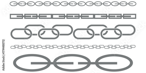 Monochrome set different type of metal chains in silhouette style. Seamless shape, for graphic design of logo, emblem, symbol, sign, badge, label, stamp, isolated on white background.