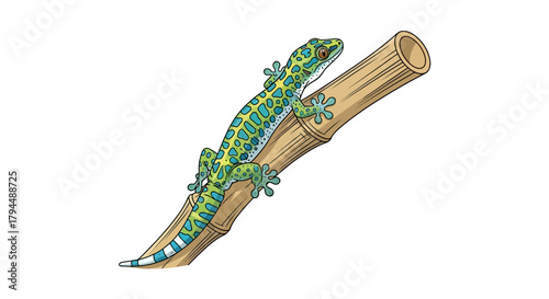A vibrant green and blue speckled gecko clings to a bamboo stalk, showcasing its intricate patterns and textured skin.