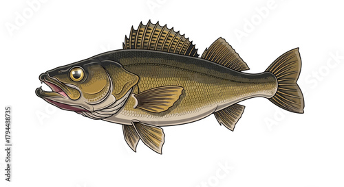Detailed illustration of a walleye fish with its distinctive dorsal fin and golden-brown scales, depicted against a white background.