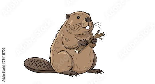 Cartoon beaver holding sticks, with brown fur and a flat tail.