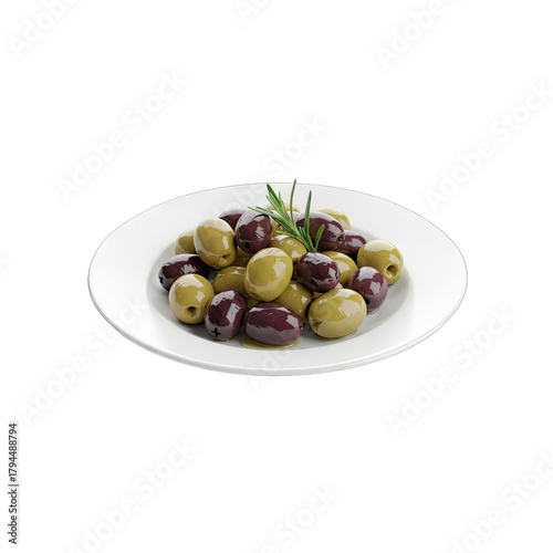 A White Plate Filled With Mixed Green and Purple Olives Garnished With Rosemary Sprigs A Delicious Appetizer On A Black Background