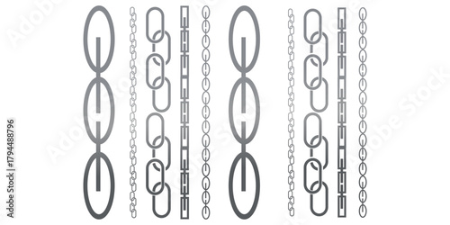 Monochrome set different type of metal chains in silhouette style. Seamless shape, for graphic design of logo, emblem, symbol, sign, badge, label, stamp, isolated on white background.