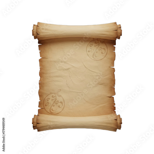 Antique Scroll With Faded Ink Illustrations And Detailed Texture On A Transparent Background Realistic 3D Render