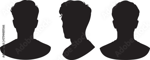 Three Black Silhouettes of Men's Heads and Shoulders, Front and Side Views