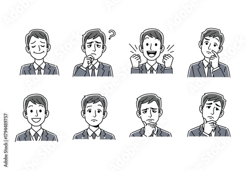 Businessman's Emotional Range: Diverse Expressions from Happy to Pensive, Confusion to Excitement, Line Art Collection