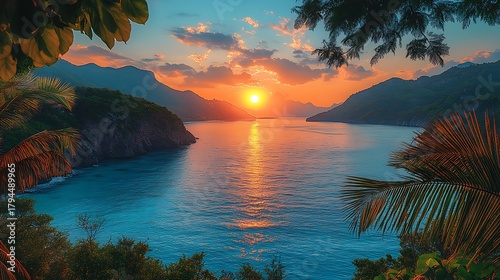Sunset over tropical bay landscape