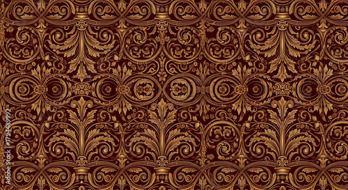 Ornate golden floral pattern on a dark red background with intricate details and swirling designs