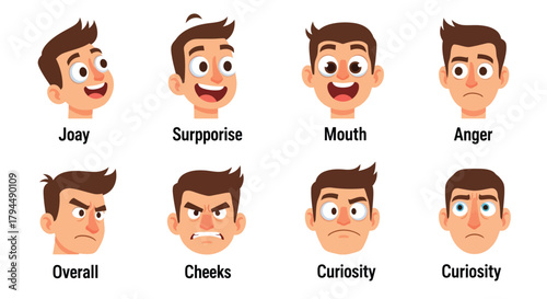 Vector Illustration Set of Cartoon Male Faces Displaying a Range of Emotions and Facial Expressions like Joy, Surprise, Anger, and Curiosity on White Background