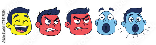 Vibrant Cartoon Heads Displaying a Range of Emotions: Joy, Anger, Surprise, and Fear Expressions