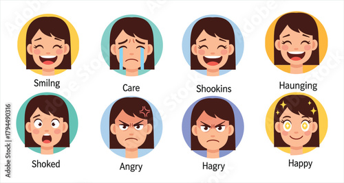 Vector Set of Cartoon Girl Avatars Displaying a Range of Human Emotions: Happy, Sad, Angry, Surprised, and Laughing Facial Expressions