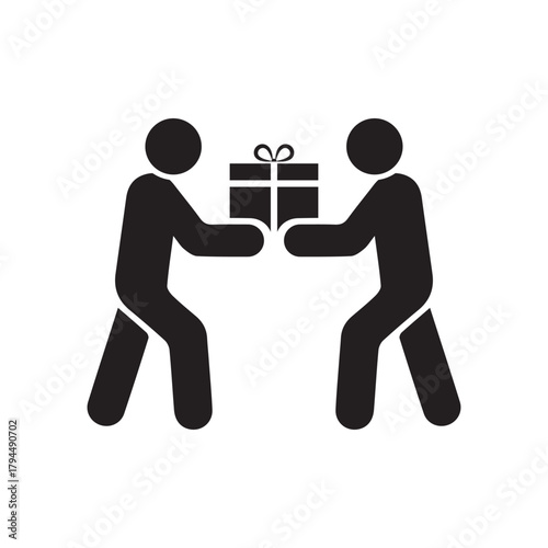 Delivery icon. Receiving parcel from delivery man. Cardboard box. Vector icon isolated on white background.