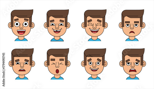 Vector Cartoon Man Facial Expressions Set with Diverse Emotions: Happy, Sad, Surprised, Laughing, Yawning, Crying, Smiling, and Worried