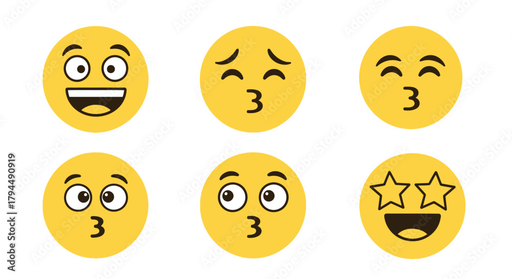 Fototapeta premium Diverse Yellow Emoji Faces Collection: Laughing, Kissing, and Star-Struck Emoticons on White Background
