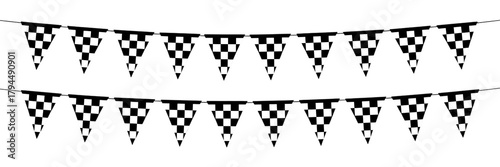 Two Rows of Black and White Checkered Triangle Flags on Black Background checkered flag