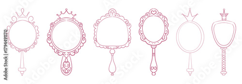 Princess frame mirror set line fairy. Whimsical cute doodle mirrors with crown for baby princess. Collection elegant pastel decor.