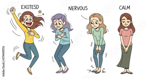 Vector Illustration of Four Cartoon Women Expressing Diverse Emotions: Excitement, Nervousness, and Calmness. Female Characters Displaying Joy, Anxiety, and Serenity.