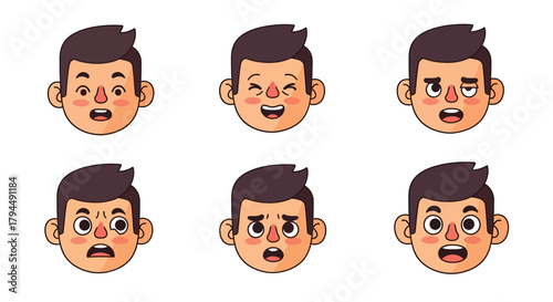 Set of Six Cartoon Male Character Faces Expressing Diverse Human Emotions: Joy, Annoyance, Fear, Sadness, Surprise, and Tiredness Vector Illustration