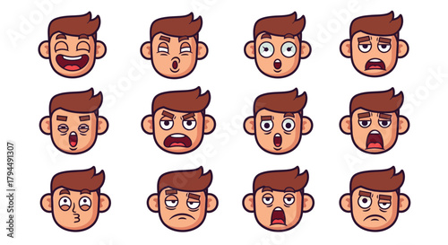 Set of Cartoon Male Character Faces Expressing Diverse Human Emotions: Joy, Annoyance, Fear, Sadness, Surprise, and Tiredness Vector Illustration