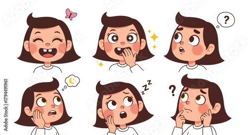 Cute Cartoon Girl's Emotions: Happy Missing Tooth, Wonder, Concern, Sleepiness, and Confusion - Childhood Feelings Set
