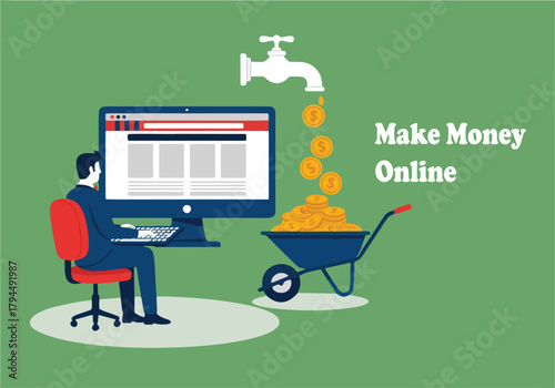 Illustration depicting a person working on a computer with money flowing from a faucet, symbolizing online earnings.