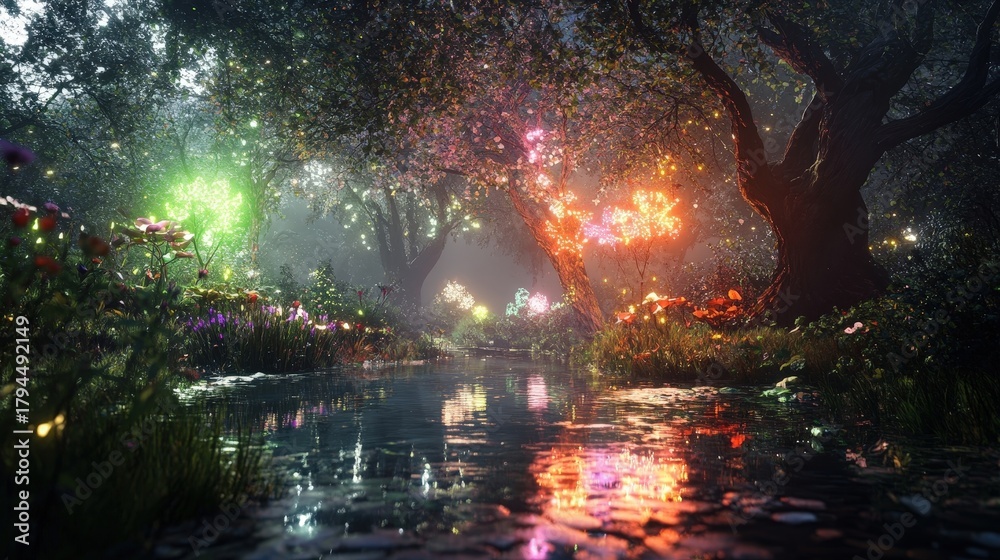 Fototapeta premium A magical forest scene with colorful lights and a serene river. Nature shines bright with vibrant colors and calm waters.