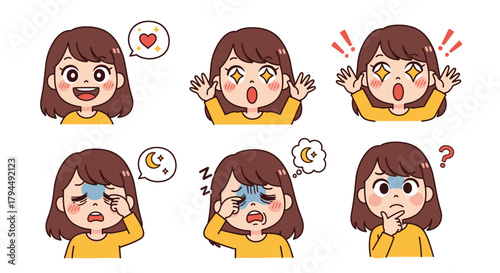 Cute Cartoon Girl's Emotional Expressions Vector Set: Joy, Excitement, Surprise, Fatigue, Sleepiness, and Confusion. Diverse Feelings of a Young Woman.