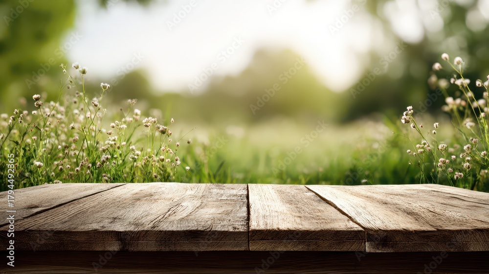 Fototapeta premium Empty wooden table in a sunlit meadow with a soft, blurred background and ample copy space