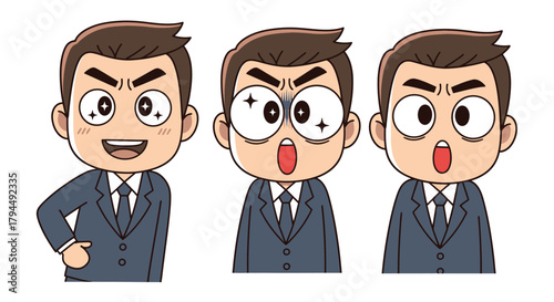 Cartoon Businessman's Emotional Spectrum: Happy, Shocked, and Angry Facial Expressions in Business Suit, Character Reactions Set