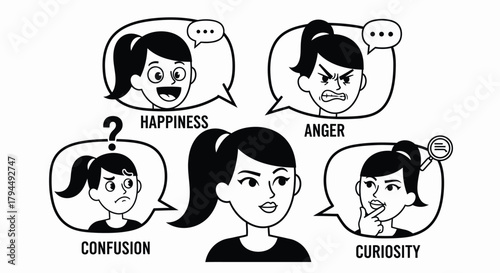 Emotional Spectrum: Woman's Illustrated Expressions of Happiness, Anger, Confusion, and Curiosity in Black and White