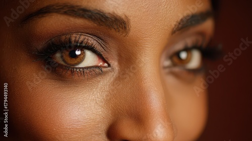 Expressive brown-eyed woman in a studio portrait with soft lighting