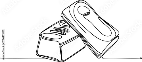 Single line drawing in modern minimalist style of two gold ingots on white background with copy space