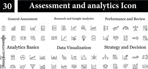 Collection of 30 assessment and analytics icons, including general assessment, research and insight analytics, performance and review, analytics basics, and strategy and decision icons